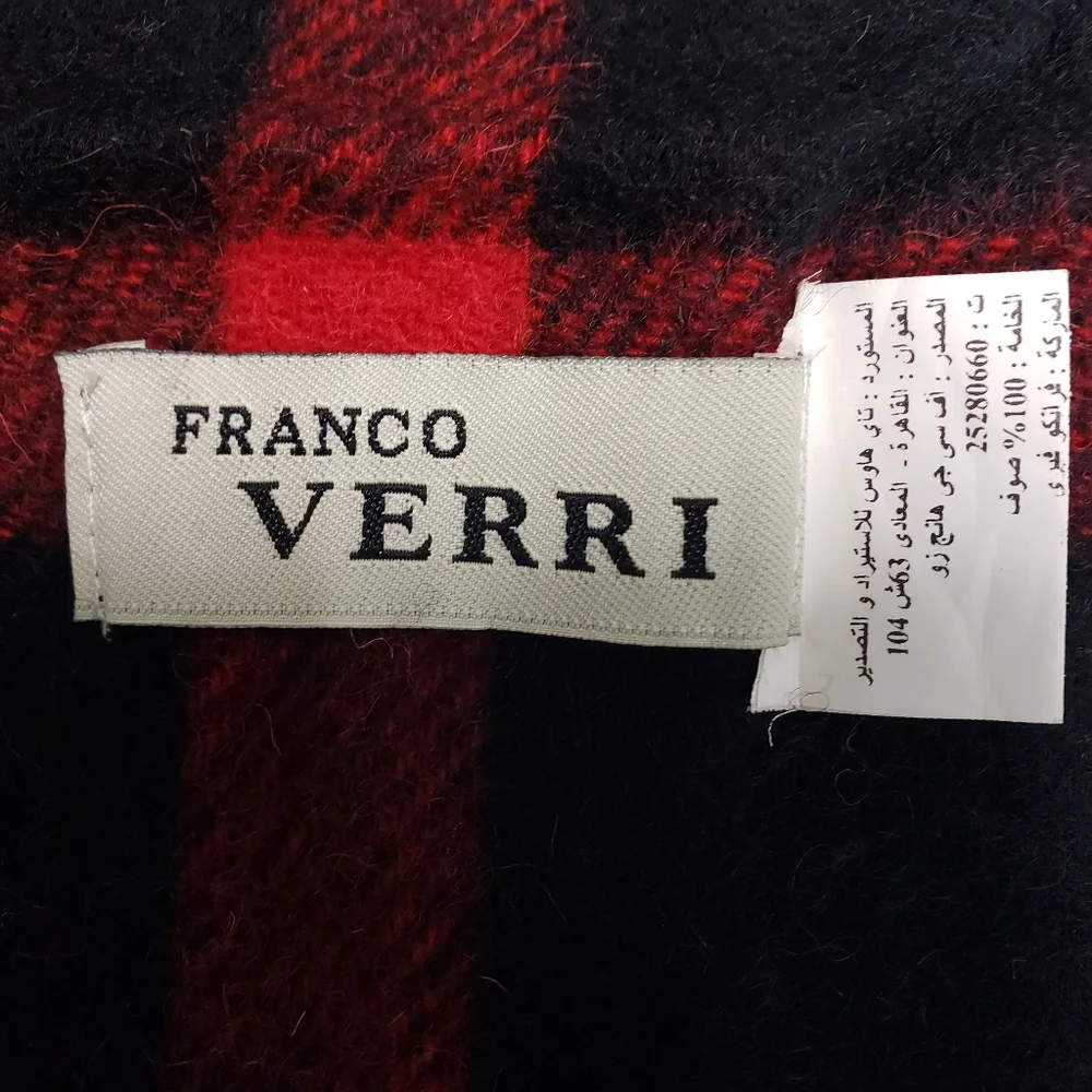 Franco Verri Wool Buffalo Check Flannel Plaid Scarf Tartan Fringe Classic